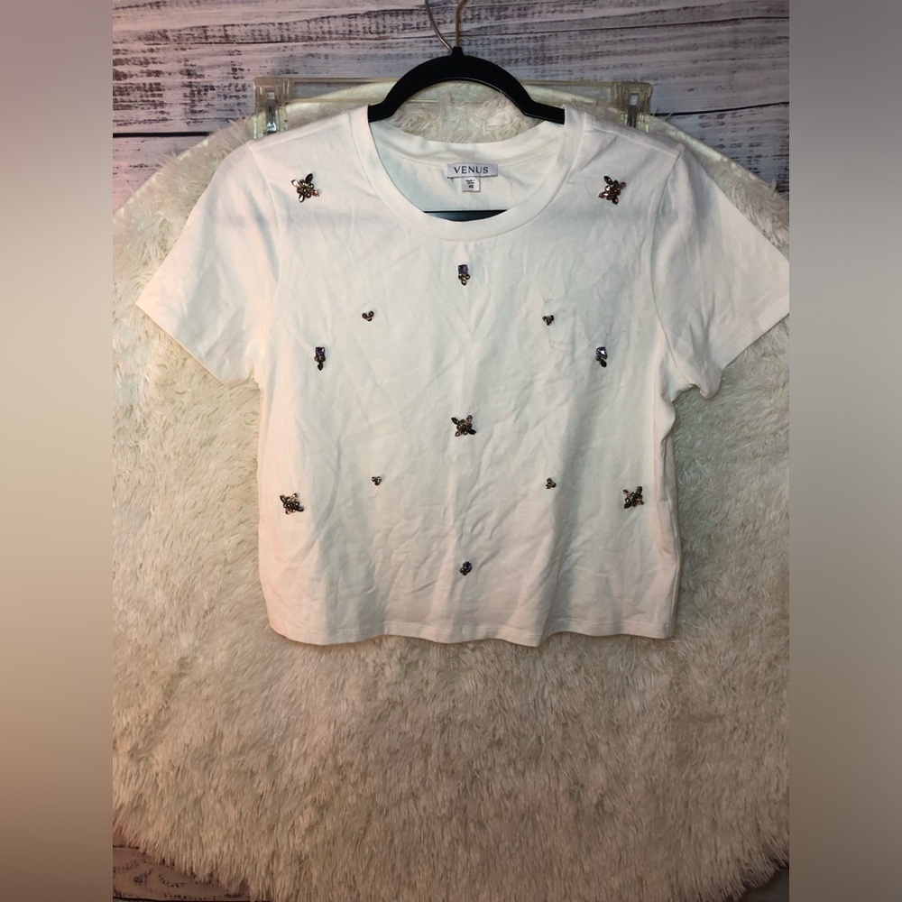 VENUS White Embellished Crop Top Tee XS